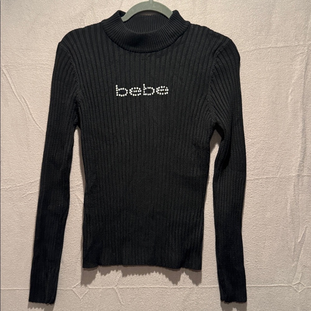 Y2K Bebe Black Turtleneck Sweater With Rhinestone Logo